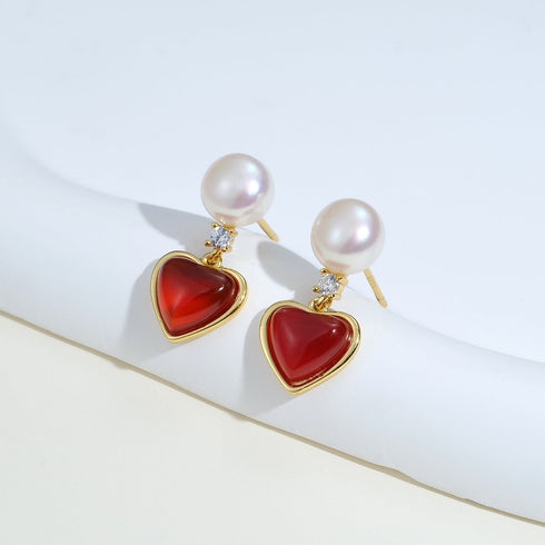 Red Heart Pearl Earrings - Gold Vermeil