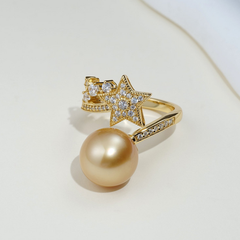 Golden South Sea Pearl Shooting Star Open Ring - White/Gold Pearl