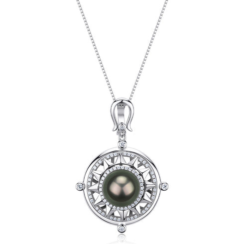 Tahitian Pearl Sun Compass Pendant Necklace – Sterling Silver