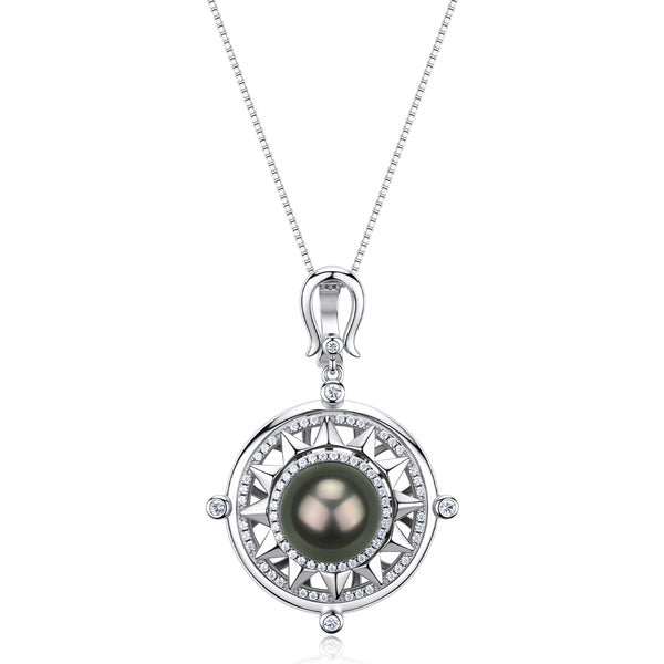 Tahitian Pearl Sun Compass Pendant Necklace – Sterling Silver