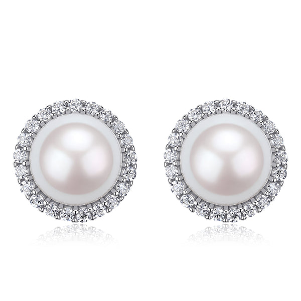 Akoya Pearl Sunflower Zirconia Stud Earrings -Sterling Silver