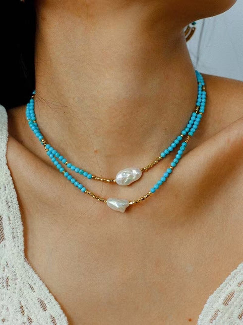 Turquoise and Baroque Pearl Layered Long Necklace - Coastal Elegance