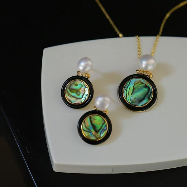 Abalone Shell, Black Agate & Freshwater Pearl Earrings, Necklace, Set