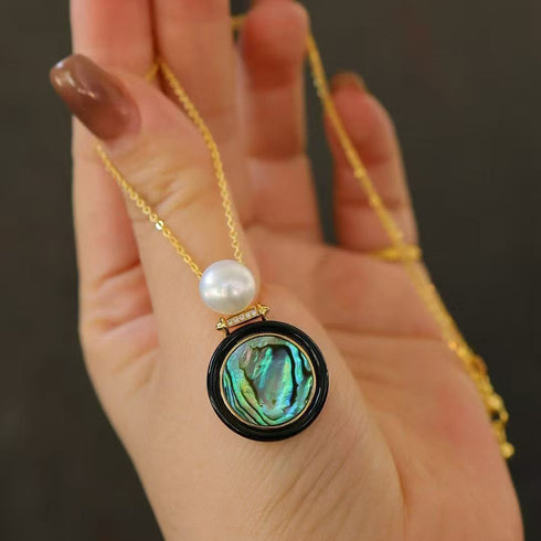 Abalone Shell, Black Agate & Freshwater Pearl Earrings, Necklace, Set