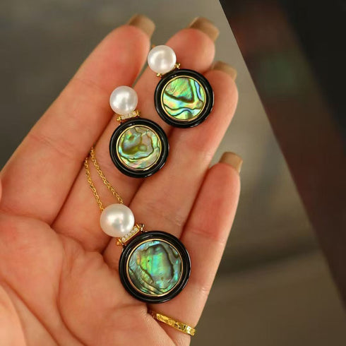 Abalone Shell, Black Agate & Freshwater Pearl Earrings, Necklace, Set