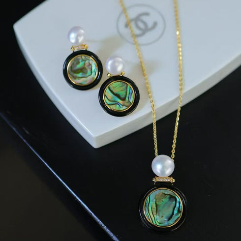 Abalone Shell, Black Agate & Freshwater Pearl Earrings, Necklace, Set
