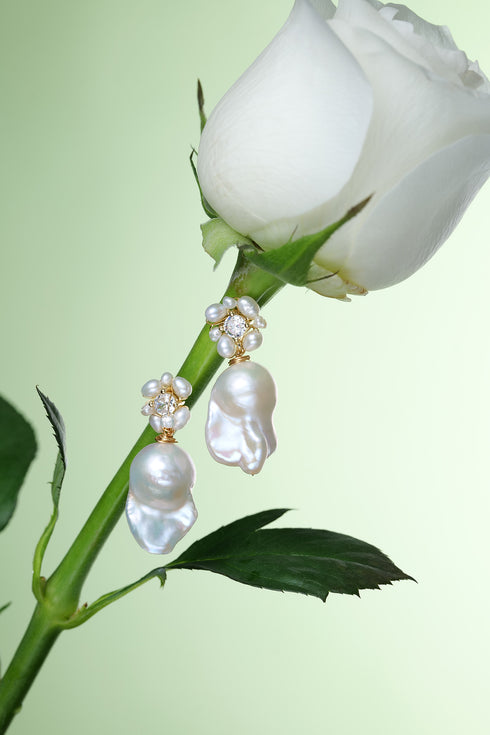 Freshwater Pearl Baroque Drop Cluster Floral Earrings