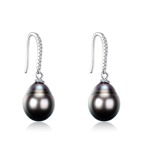 Classic Tahitian Black Baroque Pearl Hook Earrings - Sterling Silver