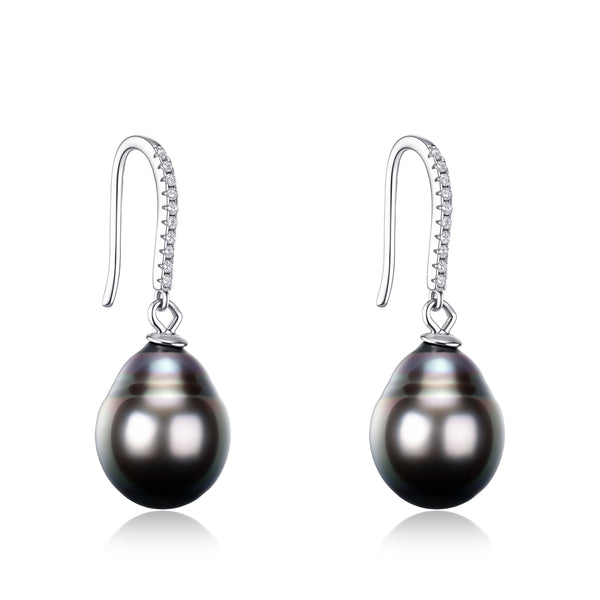 Classic Tahitian Black Baroque Pearl Hook Earrings - Sterling Silver