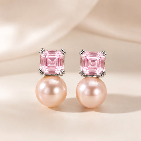 Pink Cube Pearl Stud Earrings