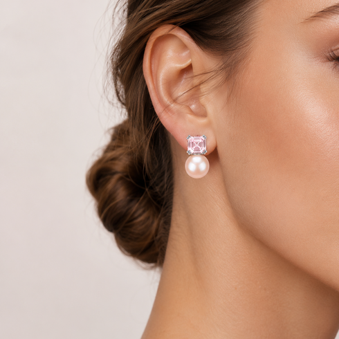 Pink Cube Pearl Stud Earrings