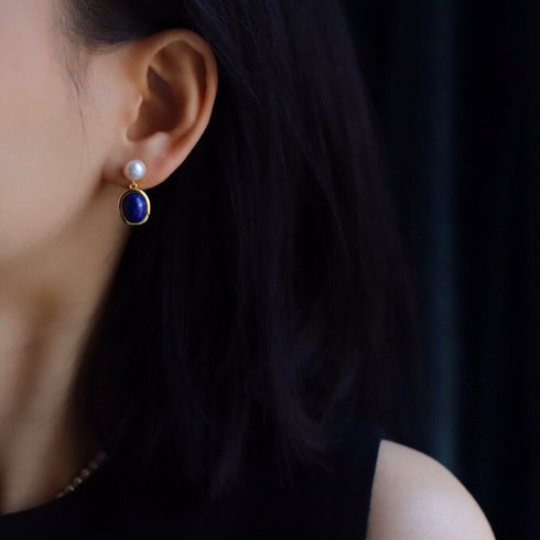 Oval Dark Blue Lapis Lazuli Pearl Drop Earrings