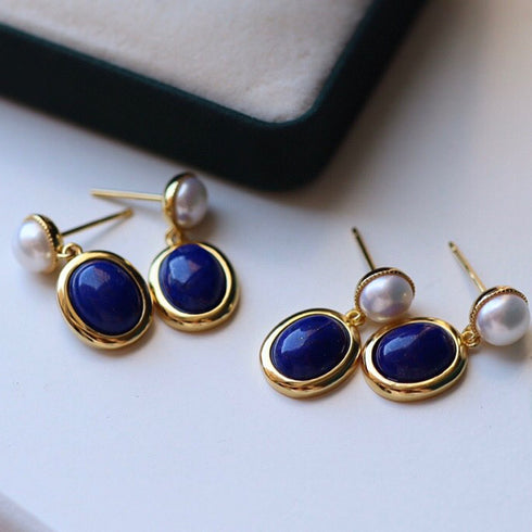 Oval Dark Blue Lapis Lazuli Pearl Drop Earrings