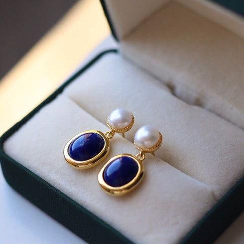 Oval Dark Blue Lapis Lazuli Pearl Drop Earrings