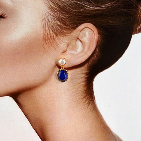 Oval Dark Blue Lapis Lazuli Pearl Drop Earrings