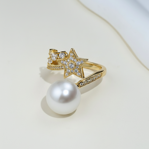 Shooting Star Pearl Open Ring - White/ Gold Pearl