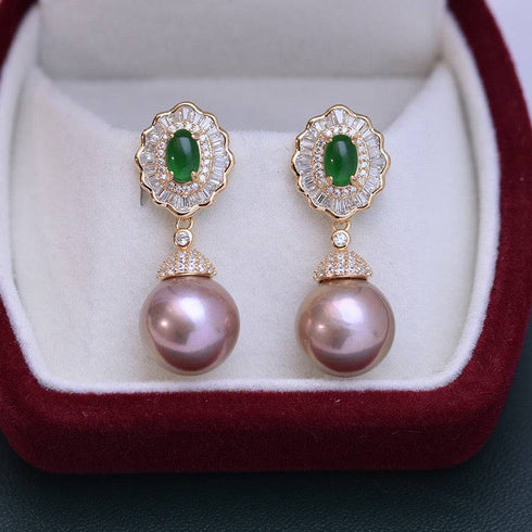11-12mm Pearl CZ Green Gems Earrings - Earrings made with hand-selected pearls from House of Pearls