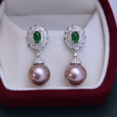 11-12mm Pearl CZ Green Gems Earrings - Earrings made with hand-selected pearls from House of Pearls