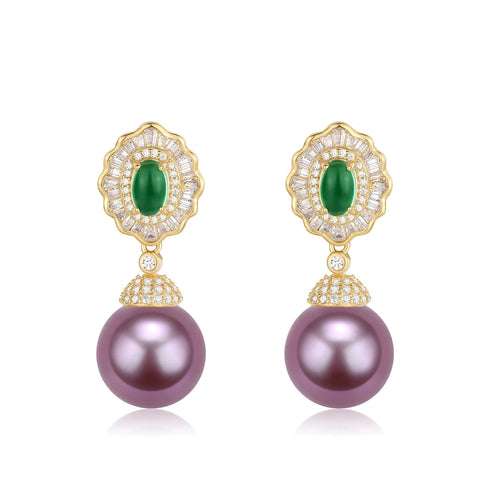 11-12mm Pearl CZ Green Gems Earrings - Earrings made with hand-selected pearls from House of Pearls