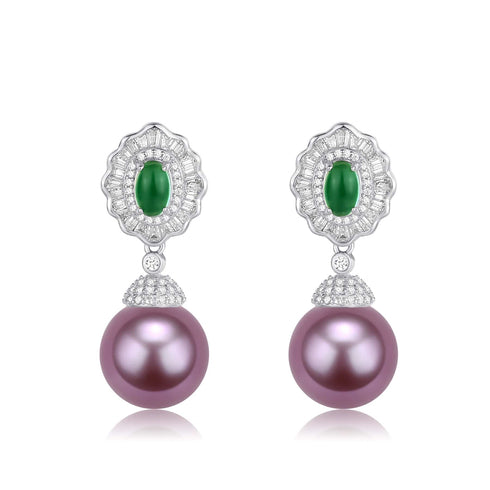 11-12mm Pearl CZ Green Gems Earrings - Earrings made with hand-selected pearls from House of Pearls