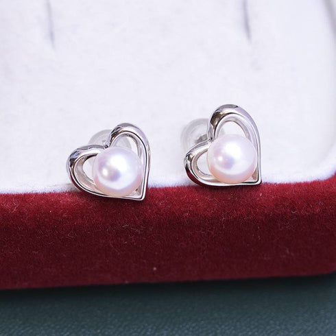 6-7mm Freshwater Pearl Heart Ear Stud Earrings - May-Lynn
