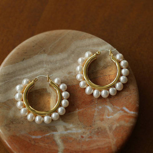 Circle Pearl Hoop Earrings Gold Vermeil - House Of Pearls