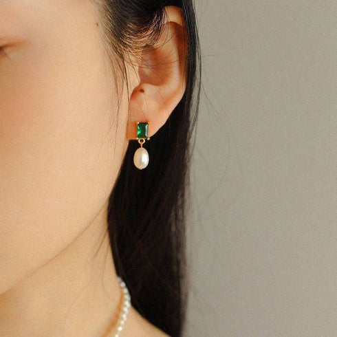 Green CZ Pearl Drop Earrings - Earrings made with hand-selected pearls from House of Pearls