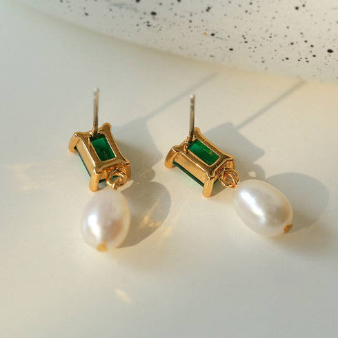 Green CZ Pearl Drop Earrings - Earrings made with hand-selected pearls from House of Pearls
