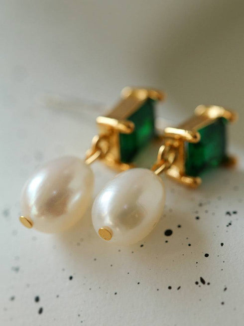 Green CZ Pearl Drop Earrings - Earrings made with hand-selected pearls from House of Pearls