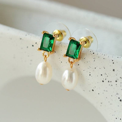 Green CZ Pearl Drop Earrings - Earrings made with hand-selected pearls from House of Pearls