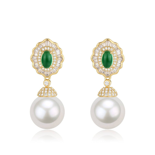 11-12mm Pearl CZ Green Gems Earrings - Earrings made with hand-selected pearls from House of Pearls