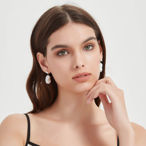 Dual-Tone Baroque Pearl Drop Earrings with Stud Top - House Of Pearls