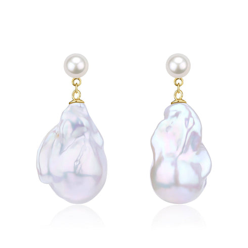 Dual-Tone Baroque Pearl Drop Earrings with Stud Top - House Of Pearls