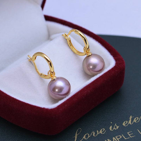Power Edison Pearl Gold Hoop Earrings - White/ Purple Pearls with Versatile Design
