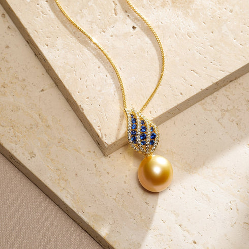 Blue Sapphire Leaf Golden South Sea Pearl Pendant