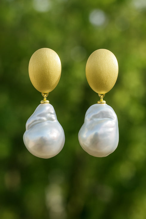 White Baroque Pearl Brushed Gold Oval Drop Earrings - Gold Vermeil