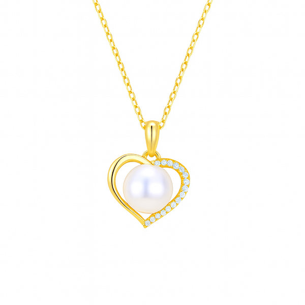 Exquisite Heart Zirconia Pearl Pendant Necklace - Gold Vermeil