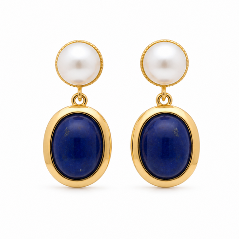 Oval Dark Blue Lapis Lazuli Pearl Drop Earrings