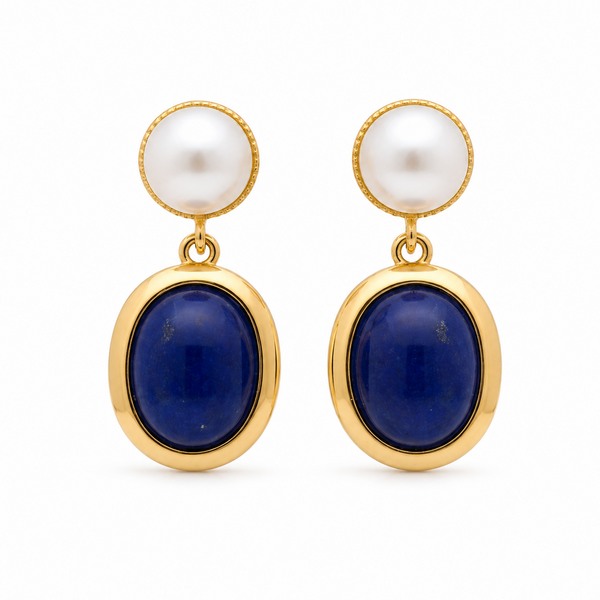 Oval Dark Blue Lapis Lazuli Pearl Drop Earrings