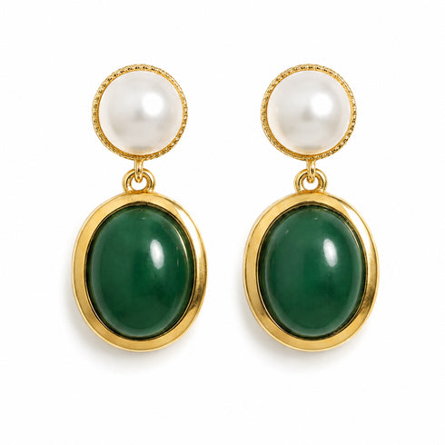 Oval Malachite Bezel Pearl Drop Earrings