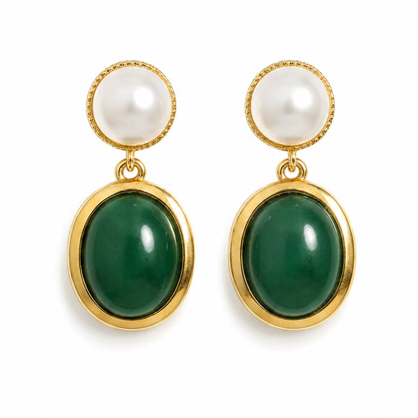 Oval Malachite Bezel Pearl Drop Earrings