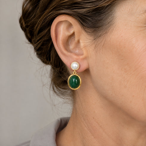 Oval Malachite Bezel Pearl Drop Earrings