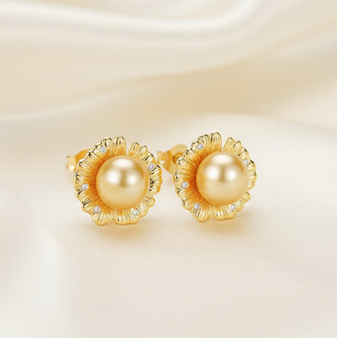 Sunflower Golden Pearl Stud Earrings