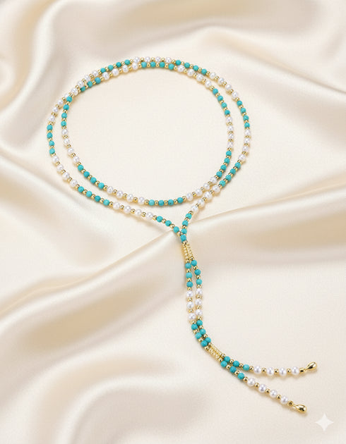 Turquoise and Pearl Beaded Long Necklace