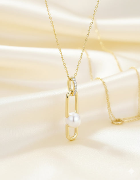 Modern Link Pearl Pendant Necklace - Gold Vermeil