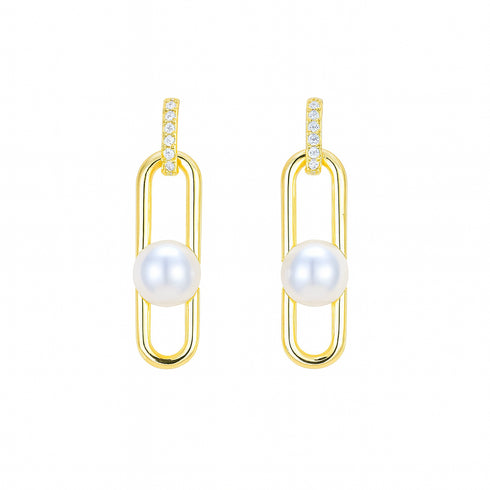 Modern Link Pearl Earrings - Gold Vermeil