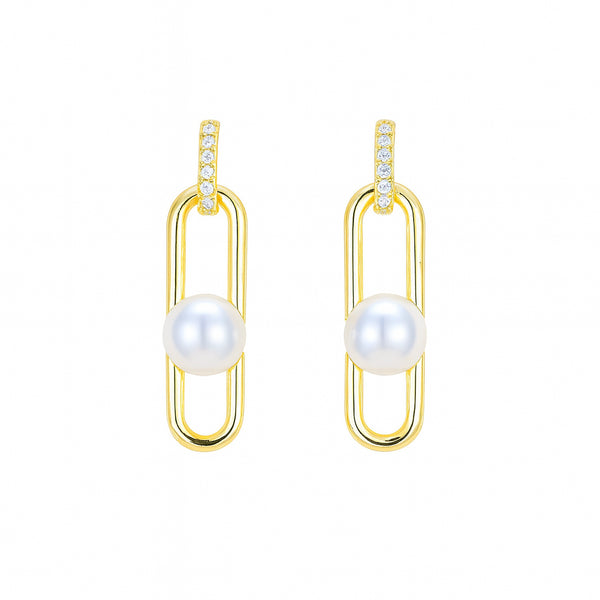 Modern Link Pearl Earrings - Gold Vermeil