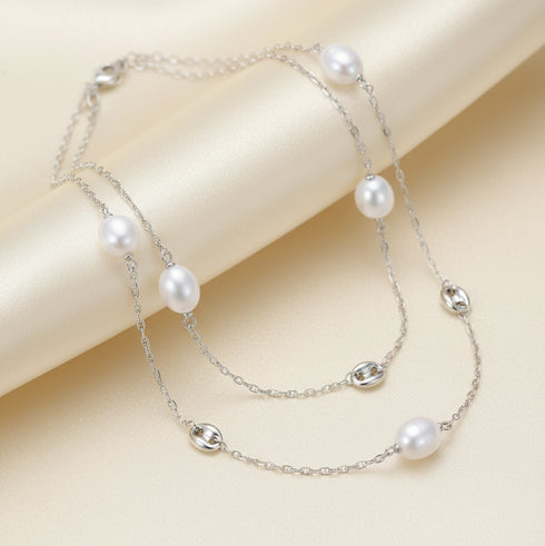 32-Inch Large Baroque Freshwater Pearl Silver Circle Links Necklace