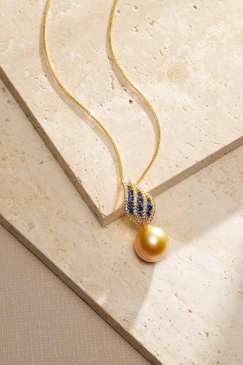 Blue Sapphire Leaf Golden South Sea Pearl Pendant