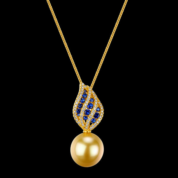 Blue Sapphire Leaf Golden South Sea Pearl Pendant
